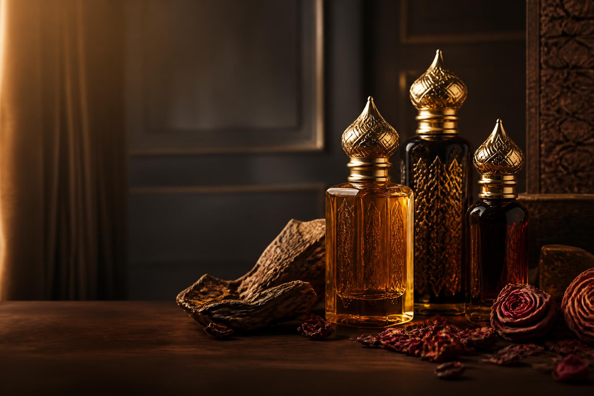 Luxury Arabic perfume bottles with gold caps beside oud wood in warm light