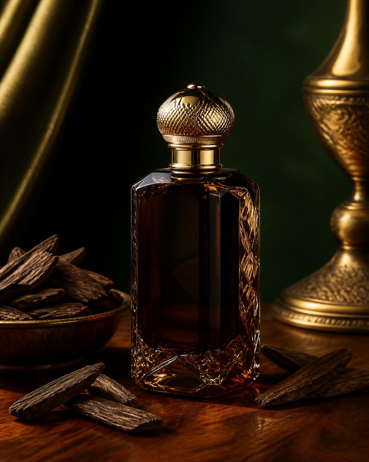 Royal Oud perfume bottle by Naaz Perfumes with gold cap on walnut wood